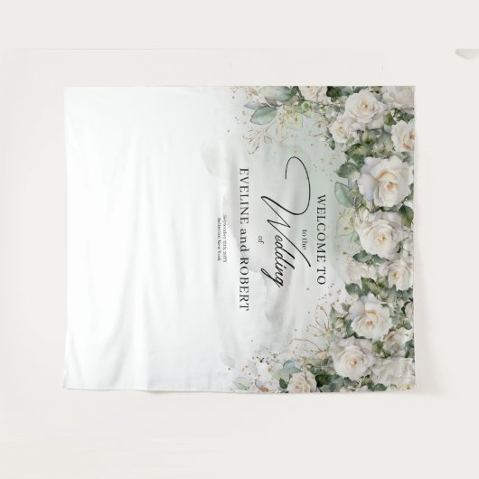 Boho White Roses groen en gouden bruiloft Wandkleed (Voorkant (horizontaal))