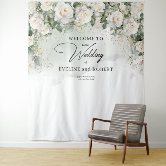 Boho White Roses groen en gouden bruiloft Wandkleed (In situ)