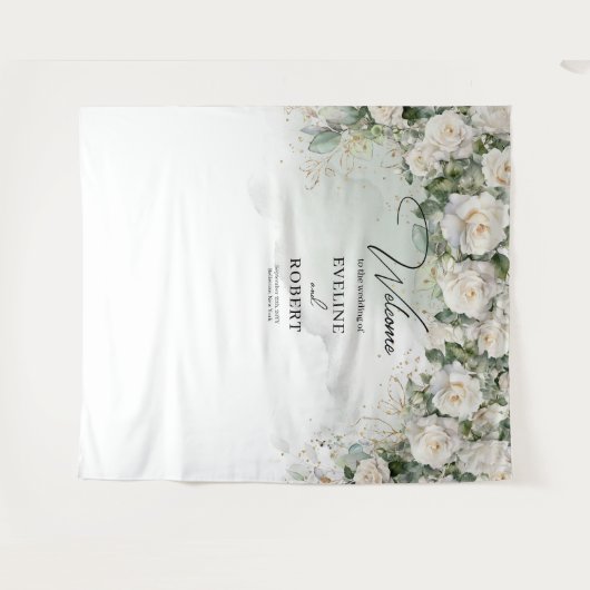 Boho White Roses groen en gouden bruiloft Wandkleed (Voorkant (horizontaal))