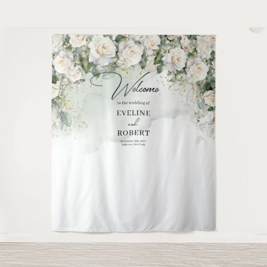 Boho White Roses groen en gouden bruiloft Wandkleed (Voorkant)