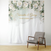 Boho White Roses groen en gouden bruiloft Wandkleed (In situ)