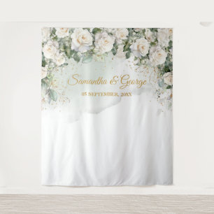 Boho White Roses groen en gouden bruiloft Wandkleed