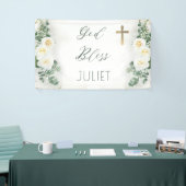 Boho WhiteRose Floral Eucalyptus Baptism God zegen Spandoek (Beurs)