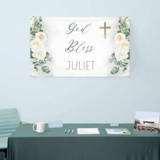 Boho WhiteRose Floral Eucalyptus Baptism God zegen Spandoek (Beurs)