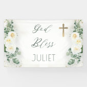 Boho WhiteRose Floral Eucalyptus Baptism God zegen Spandoek (Horizontaal)