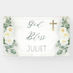 Boho WhiteRose Floral Eucalyptus Baptism God zegen Spandoek