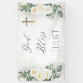 Boho WhiteRose Floral Eucalyptus Baptism God zegen Spandoek (Verticaal)
