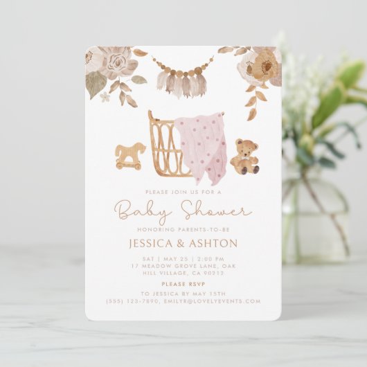 Boho Wieg & Bloemen Baby shower Uitnodiging (Staand voorkant)