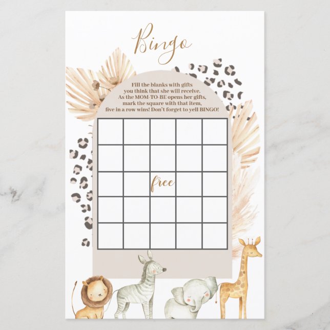 Boho Wild Animals baby shower Bingo Game (Voorkant)
