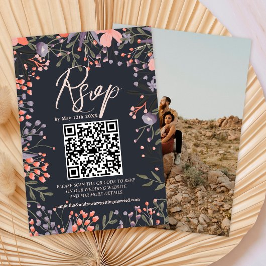 Boho wild bloemen trouwfoto QR RSVP