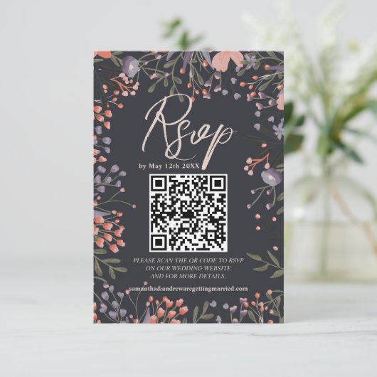 Boho wild bloemen trouwfoto QR RSVP (Staand voorkant)