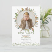 Boho Wild Child 1e Verjaardag Foto Uitnodiging (Staand voorkant)