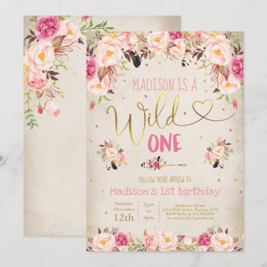 Boho Wild Eén verjaardag Uitnodiging Waterverf Boh (Voorkant / Achterkant)