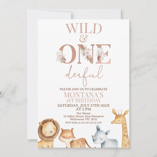 Boho Wild en Onederful Safari 1e verjaardag Kaart (Voorkant)