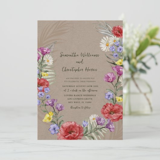 Boho Wild Flower Kraft & Paars Wedding Kaart (Staand voorkant)