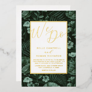 Boho Wild Flowers Green & Gold Script Wedding Folie Uitnodiging