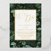 Boho Wild Flowers Green & Gold Script Wedding Folie Uitnodiging (Voorkant)
