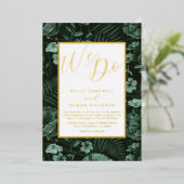 Boho Wild Flowers Green & Gold Script Wedding Folie Uitnodiging (Staand Voorkant)