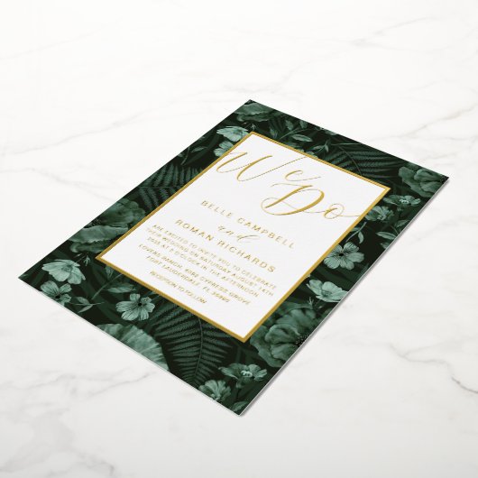 Boho Wild Flowers Green & Gold Script Wedding Folie Uitnodiging (Gedraaid)
