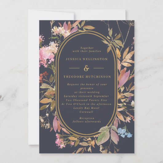 Boho Wild Flowers Mauve & Navy Gold Lijst Wedding Kaart (Voorkant)