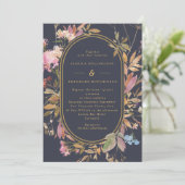 Boho Wild Flowers Mauve & Navy Gold Lijst Wedding Kaart (Staand voorkant)