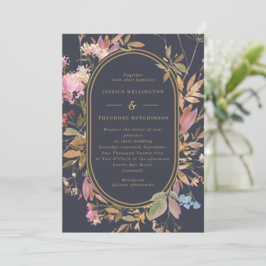 Boho Wild Flowers Mauve & Navy Gold Lijst Wedding Kaart (Staand voorkant)
