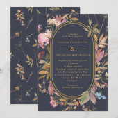 Boho Wild Flowers Mauve & Navy Gold Lijst Wedding Kaart (Voorkant / Achterkant)