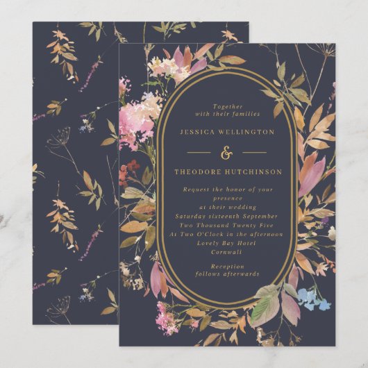 Boho Wild Flowers Mauve & Navy Gold Lijst Wedding Kaart (Voorkant / Achterkant)