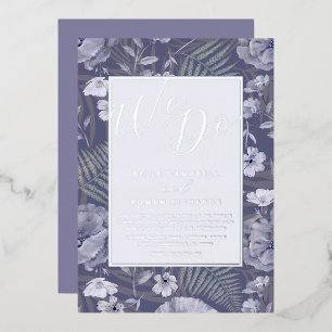 Boho Wild Flowers Paars en Silver Script Weddensch Folie Uitnodiging