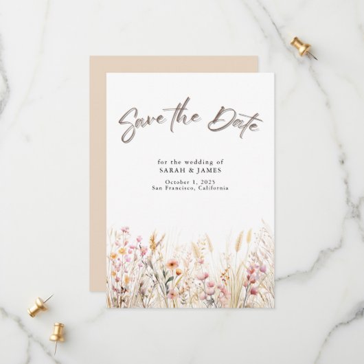Boho Wild Flowers Save the Date Card | Minimalist (Voorkant / Achterkant in situ)