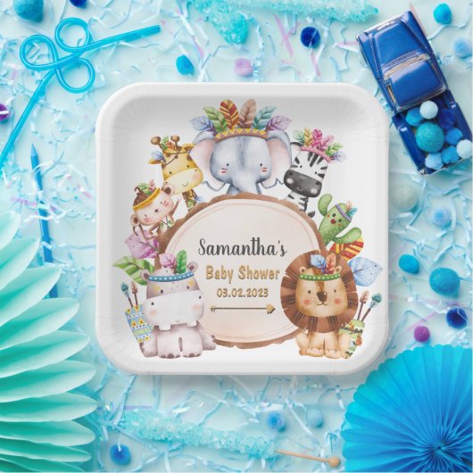 Boho Wild Giraffe Zebra Elephant Baby shower Papieren Bordje (Feest)