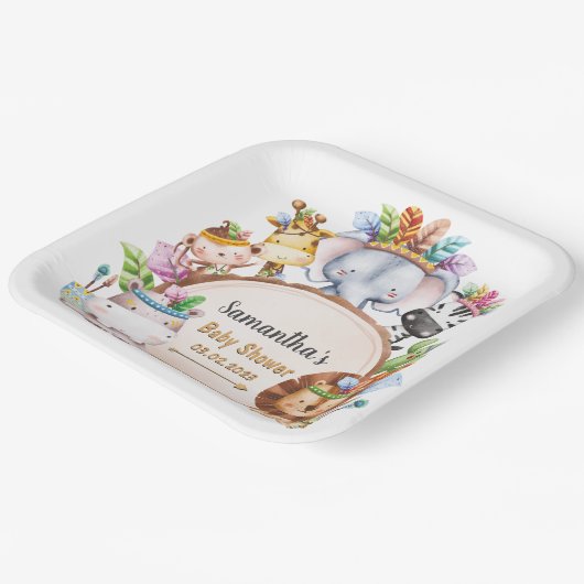 Boho Wild Giraffe Zebra Elephant Baby shower Papieren Bordje (Gebogen)