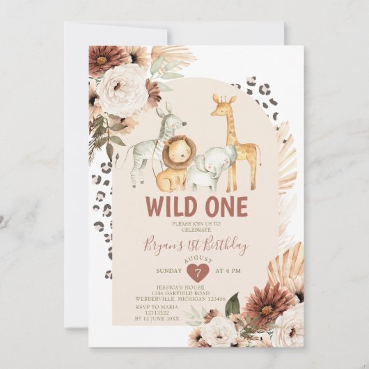 Boho Wild ONE Birthday Safari Animals Pampas Grass Kaart (Voorkant)