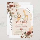 Boho Wild ONE Birthday Safari Animals Pampas Grass Kaart (Voorkant / Achterkant)