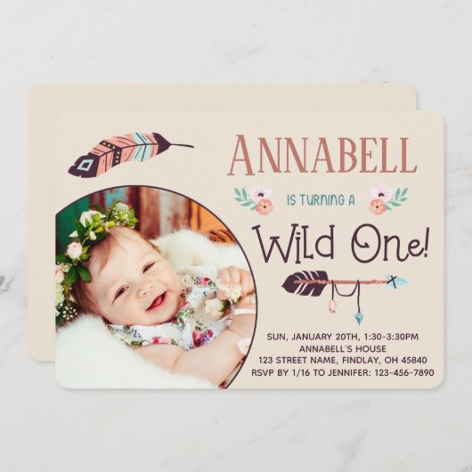 Boho Wild ONE Girly First Birthday Kaart (Voorkant / Achterkant)