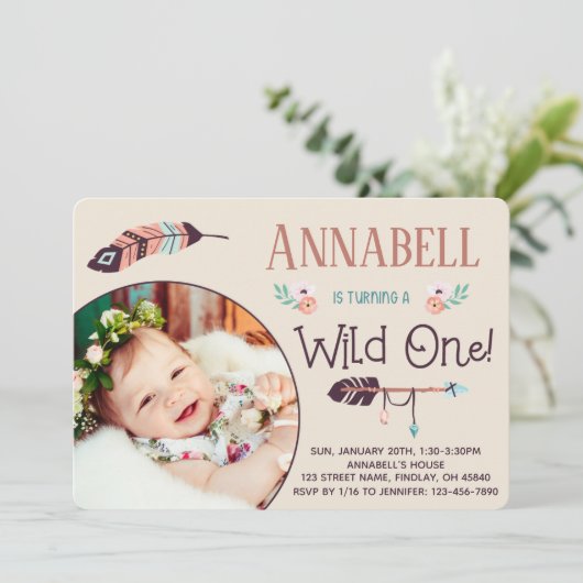 Boho Wild ONE Girly First Birthday Kaart (Staand voorkant)