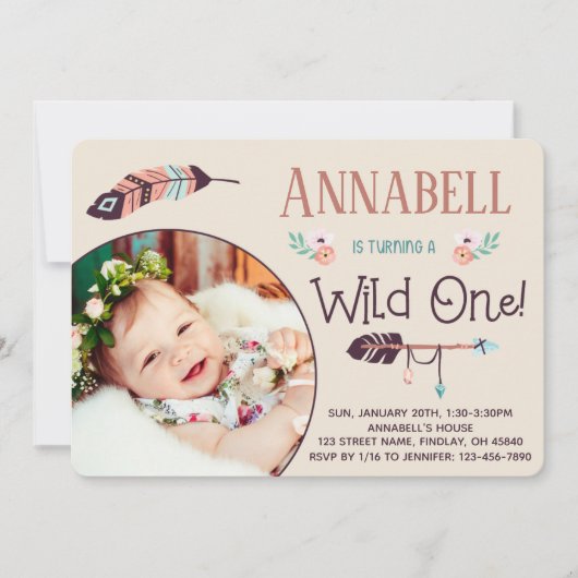 Boho Wild ONE Girly First Birthday Kaart (Voorkant)