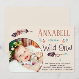 Boho Wild ONE Girly First Birthday Kaart