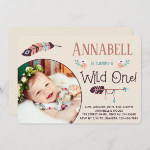Boho Wild ONE Girly First Birthday Kaart