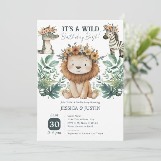 Boho Wild One Lion Double Kids Verjaardag Kaart (Staand voorkant)
