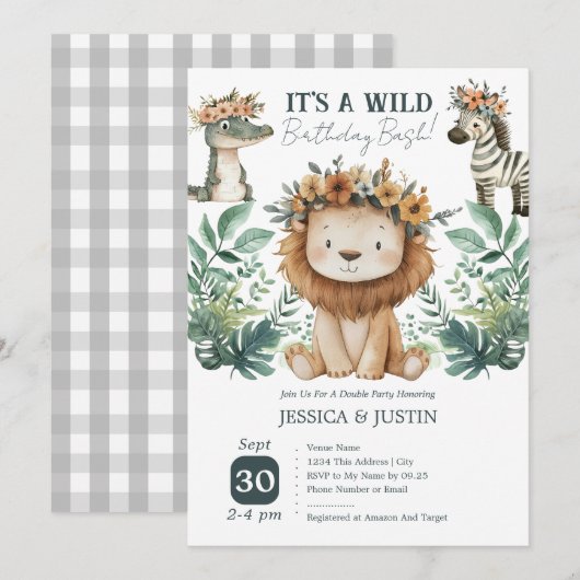 Boho Wild One Lion Double Kids Verjaardag Kaart (Voorkant / Achterkant)