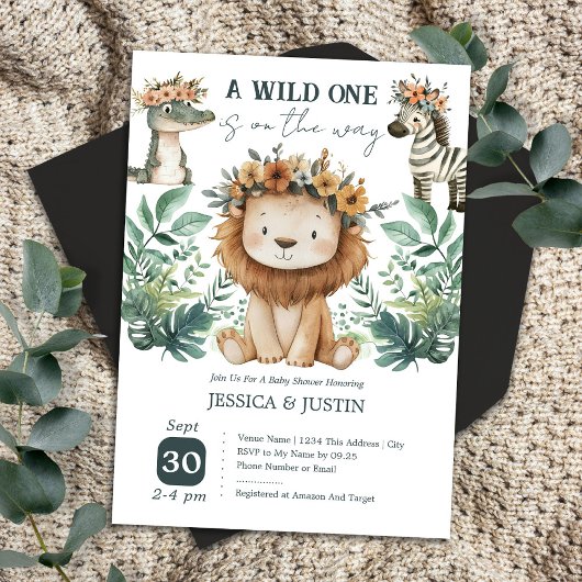 Boho Wild One Lion Floral Baby shower Kaart