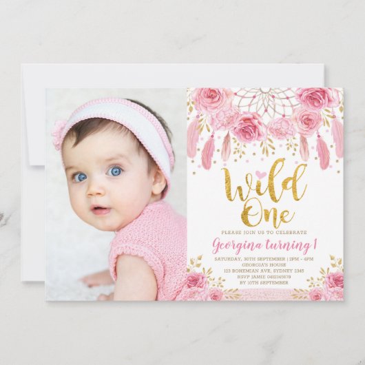 Boho Wild One Pink Rose Floral Dreamcatcher Kaart (Voorkant)