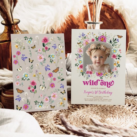 Boho Wild One Wildflower 1e verjaardag foto Kaart