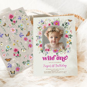 Boho Wild One Wildflower 1e verjaardag foto Kaart
