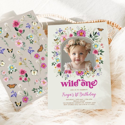 Boho Wild One Wildflower 1e verjaardag foto Kaart