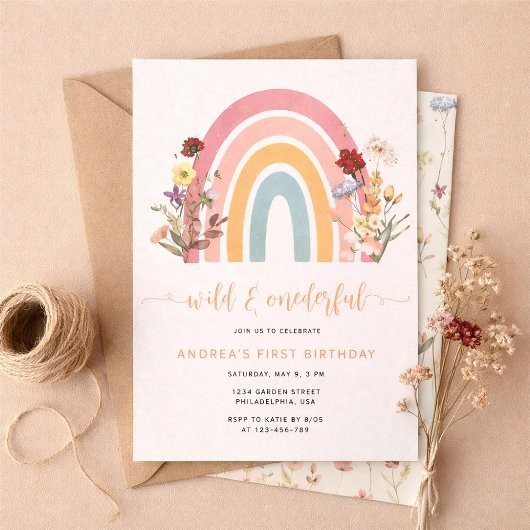 Boho Wild & Onederful Wildflower Rainbow Birthday Kaart