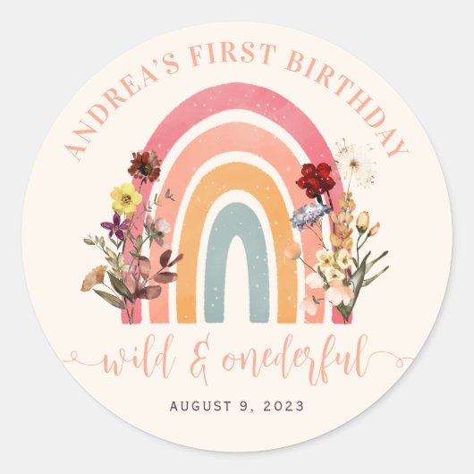 Boho Wild & Onederful Wildflower Regenboog Verjaar Ronde Sticker (Voorkant)