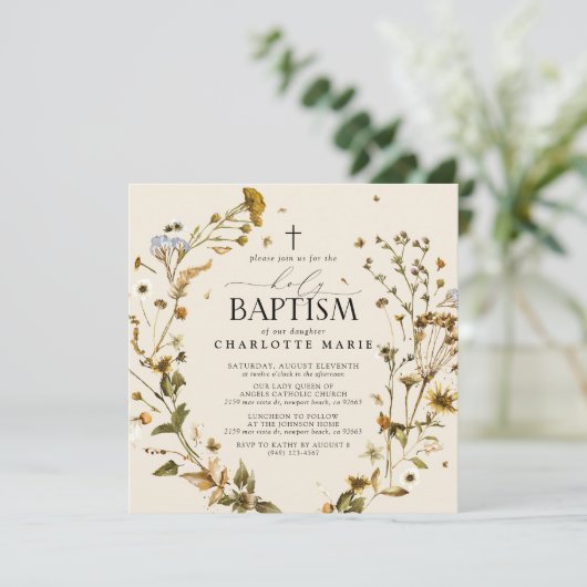 Boho Wildbloem Heilig Doopsel Elegant kruis Bloeme Kaart (Staand voorkant)