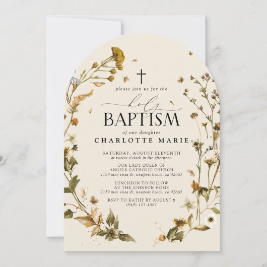 Boho Wildbloem Heilig Doopsel Elegant kruis Bloeme Kaart (Voorkant)